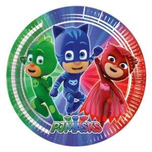 Pratos descartáveis pequenos para festa do tema Pj Masks