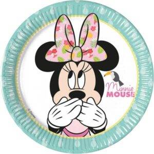 Pratos descartáveis pequenos para festa do tema Minnie Tropial