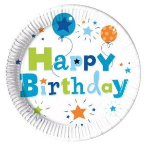 FELIZ ANIVERSÁRIO - 8 pratos de papel grandes