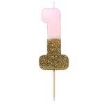 Vela número 1 rosa com glitter dourado