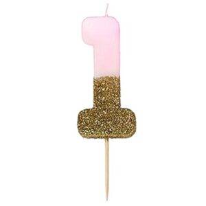 Vela número 1 rosa com glitter dourado