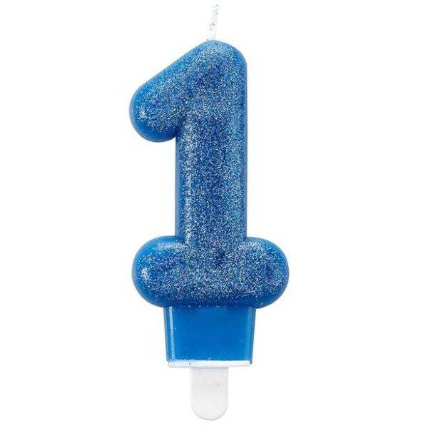 Vela número 1 azul com glitter dourado