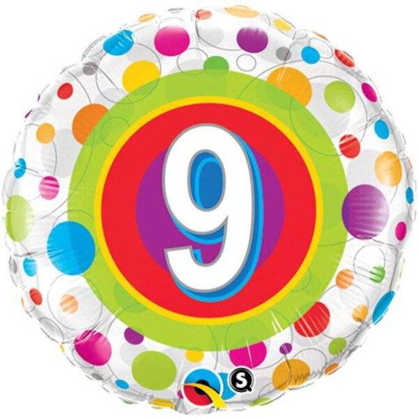 Balão de 9º aniversário de pontos coloridos - 18 "folha
