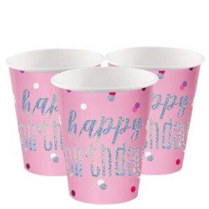 Pratos de Papel Glitz de Aniversário Rosa - 23 cm