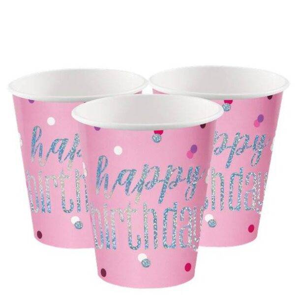 Pratos de Papel Glitz de Aniversário Rosa - 23 cm