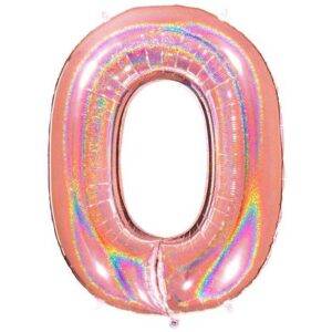 Balão holográfico em ouro rosa com glitter número 0 - folha de 40 "