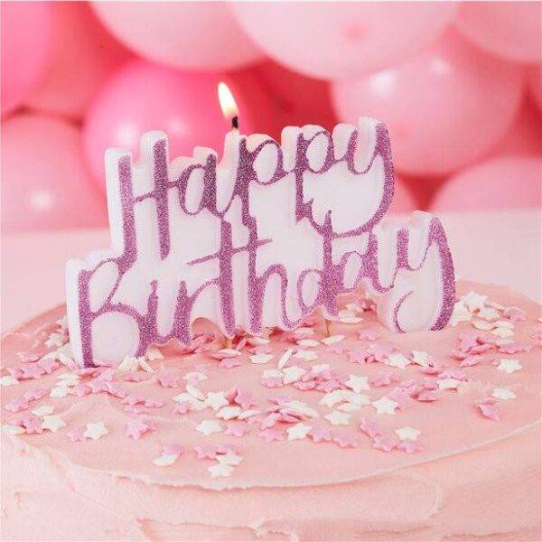Vela de feliz aniversário Glitter rosa - 12 cm
