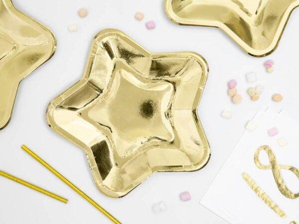6 PRATOS 23 CM FORMA ESTRELA DOURADO FOIL