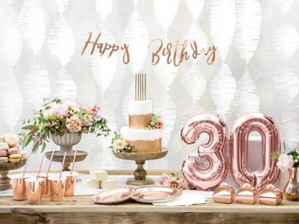 Banner Feliz Aniversário, ouro rosa, 16,5x62 cm