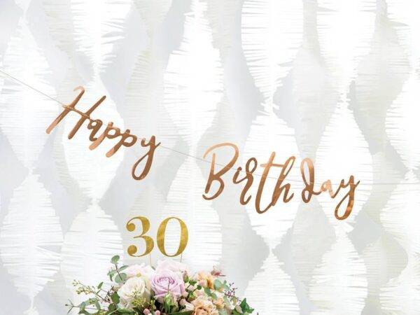 Banner Feliz Aniversário, ouro rosa, 16,5x62 cm