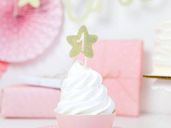 Cupcake toppers 1º aniversário, ouro