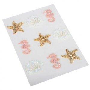 9 AUTOCOLANTES 3CM MAR / SEREIA - ROSA, BRANCO E IRIDESCENTE E OURO