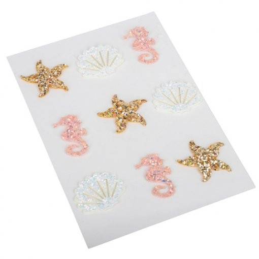 9 AUTOCOLANTES 3CM MAR / SEREIA - ROSA, BRANCO E IRIDESCENTE E OURO