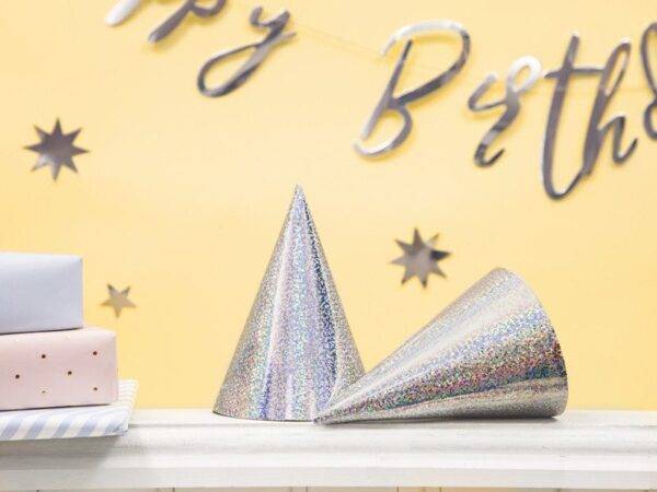 Chapéus de festa holográfica, prata, 16 cm