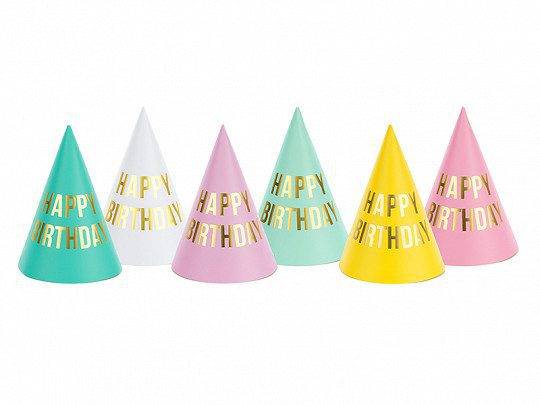 Chapéus de festa Happy Birthday, mix pastel, 16 cm