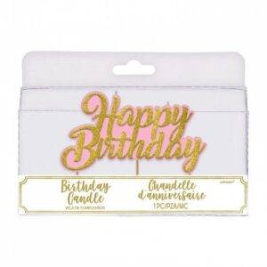 VELA ANIVERSÁRIO 8 CM HAPPY BIRTHDAY ROSA E DOURADO GLITTER