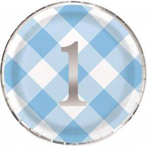 8 PRATOS 23 CM BLUE GINGHAM 1ST BIRTHDAY FOIL