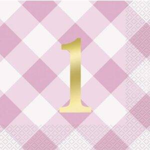16 GUARDANAPOS 33CM PINK GINGHAM 1ST BIRTHDAY FOIL