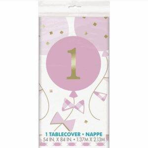 TOALHA DE MESA 1,37 X 2,74 PINK GINGHAM 1ST BIRTHDAY