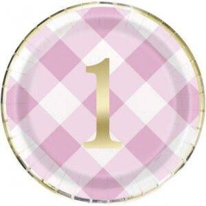8 PRATOS 23 CM PINK GINGHAM 1ST BIRTHDAY FOIL