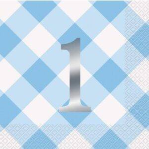 16 GUARDANAPOS 33 CM BLUE GINGHAM 1ST BIRTHDAY FOIL
