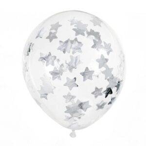 6 Balões de latex 12" com estrelas confettis prateados